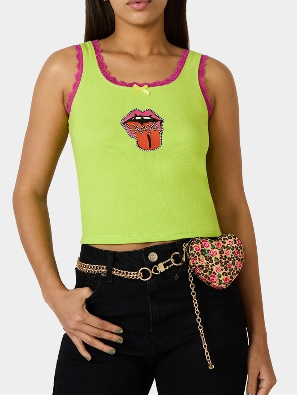 Betsey Johnson Printed Heart Chain Belt Black Size L/XL NWT